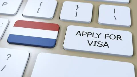Netherlands, Apply for Visa Concept. Button Push 3D Illustration. Visa Apply for Illustrazione stock