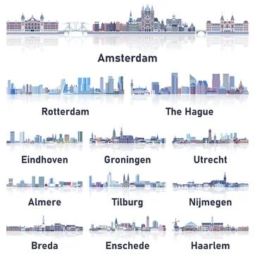 Netherlands cities skylines in soft cold tones color palette vector set. Stock Illustration