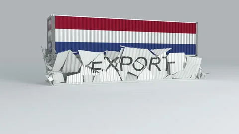 Netherlands container with the flag falls on top of a container labeled EXPORT Stock Footage 124601835