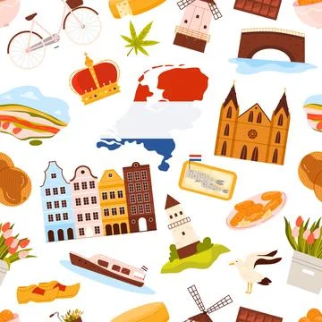 Netherlands Culture Seamless Pattern Vector Art Stock Illustration
