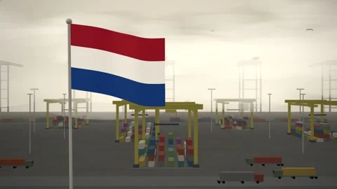 Netherlands Flag Flying Over Container Terminal Stacking Yard seamless loop Stock-Footage 344965056
