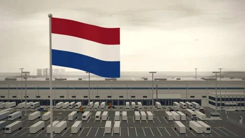 Netherlands Flag Flying Over Logistics Warehouse Distribution Centre seamless Stock Footage 344965061