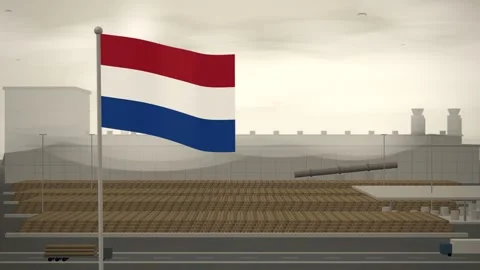 Netherlands Flag Flying Over Paper Mill Log Yard seamless loop Stock Footage 345379398