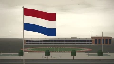 Netherlands Flag Flying Over School Campus Running Track seamless loop Stock Footage 345381687