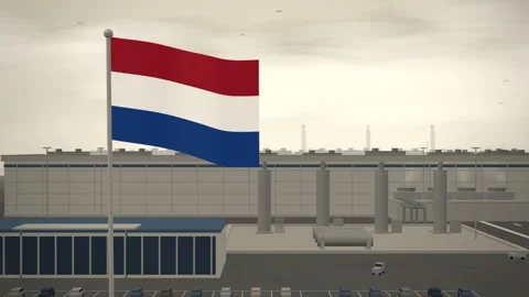 Netherlands Flag Flying Over Semiconductor Fabrication Plant Cleanroom seamless Video stock 344965664