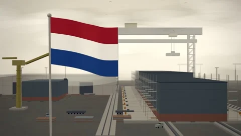 Netherlands Flag Flying Over Shipyard Building Berth Gantry seamless loop Vídeos de archivo 344846788