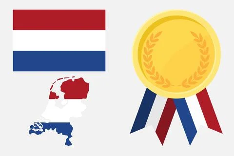Netherlands flag with map and gold medal in set for web and banners or app .. Stock Illustration