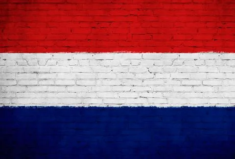 Netherlands flag painted on brick wall. National country flag background phot Stock Illustration