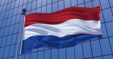 Netherlands flag on skyscraper building background. 3d illustration Ilustración de archivo