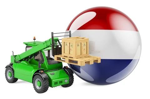 The Netherlands flag with telescopic handler truck and parcel. Cargo shipping Stockillustratie