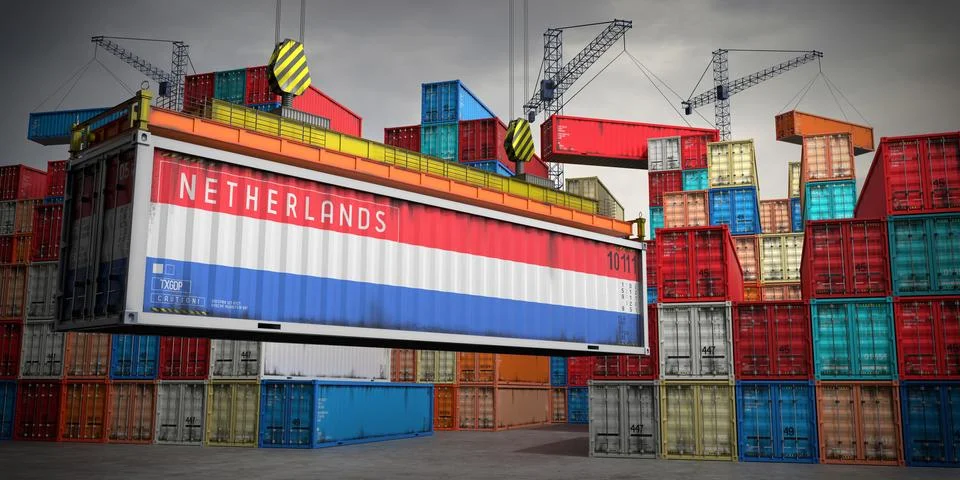 Netherlands - freight container in cargo terminal - 3D illustration Stock Illustration