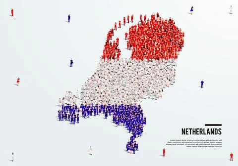 Netherlands Map and Flag. A large group of people in the Netherlands flag color. Stock Illustration