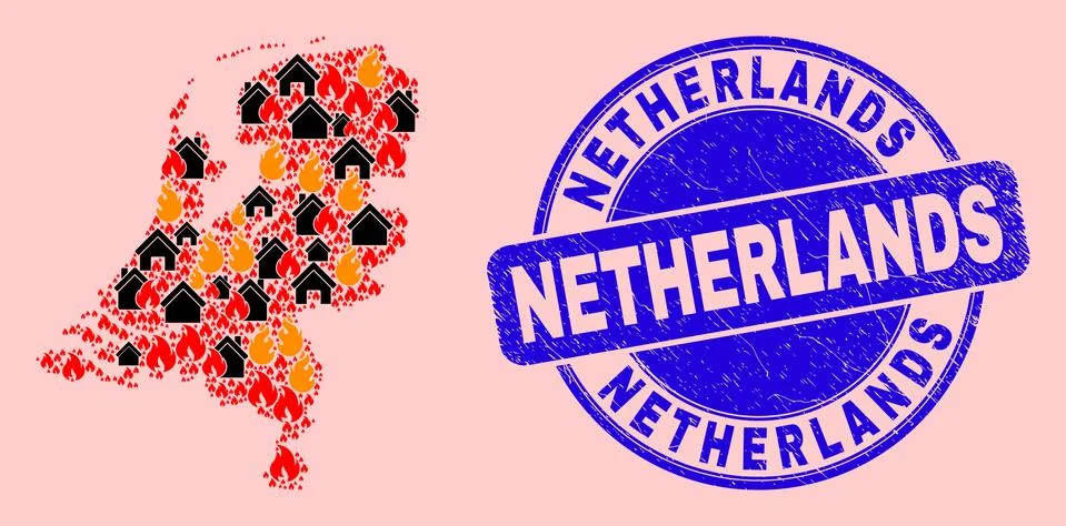 Netherlands Map Collage of Flame and Homes and Textured Netherlands Seal Stamp Ilustração Stock