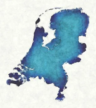 Netherlands map with drawn lines and blue watercolor illustration Stock Illustration