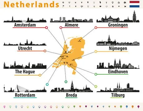 Netherlands map with largest cities skylines Illustrazione stock