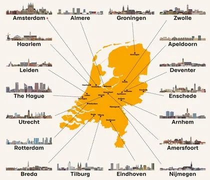 Netherlands map with main cities skylines. Vector illustration Stock Illustration