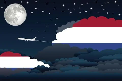 Netherlands Night Clouds Airplane Vector Illustration Stock Illustration