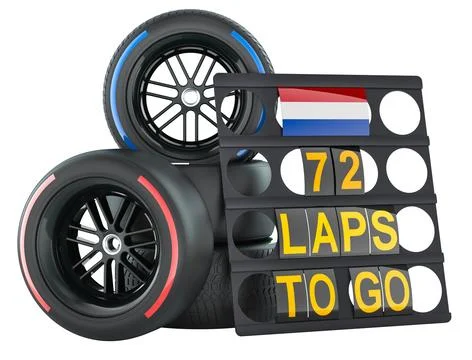 Netherlands racing, pit board with flag of Holland and racing wheels. 3D re.. Stock Illustration