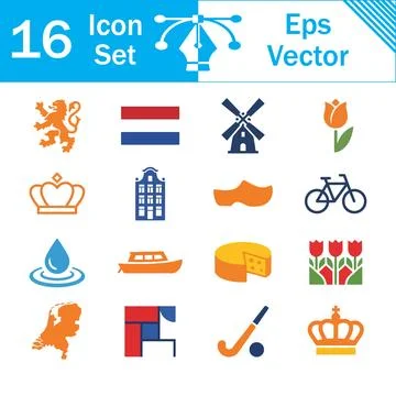 Netherlands themed vector icon set with sixteen symbols and landmarks Ilustración de archivo