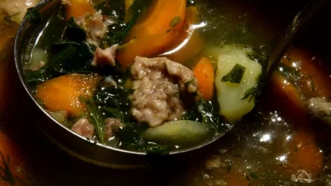 Nettle soup with beef stew Stock Footage 256045517
