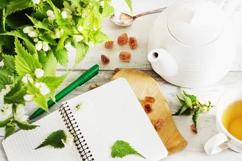 Nettle tea. kettle, notebook, sugar and fresh nettle branches. health and d.. Stock Photos