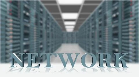 NETWORK - 3D letters in front of server room background Stock Illustration