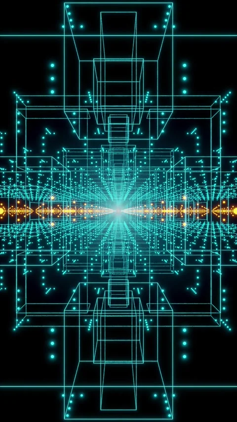 Network, abstract blue wire cubes, orange lights, infinity space, virtual rea Stock Footage 319990949