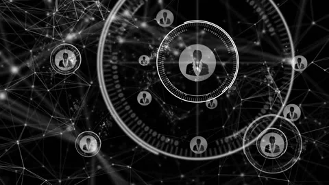 On network activation, HUD rotating and expanding spawning user icons across Stock Footage 312905550