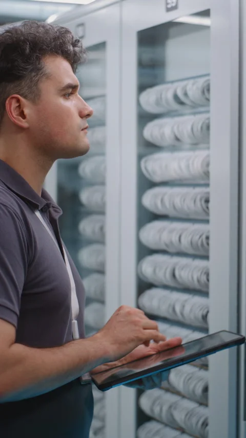 Network Administrator Checking Server Module Labels in Data Center Stock Footage 344882546