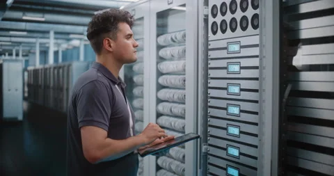 Network Administrator Checking Server Module Labels in Data Center Stock Footage 344885166