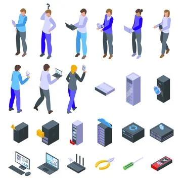 Network administrator icons set isometric vector. Work data イラスト素材