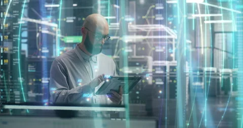 Network Administrator Near Virtual Server Racks with Futuristic VFX Interface Stock Footage 334001289