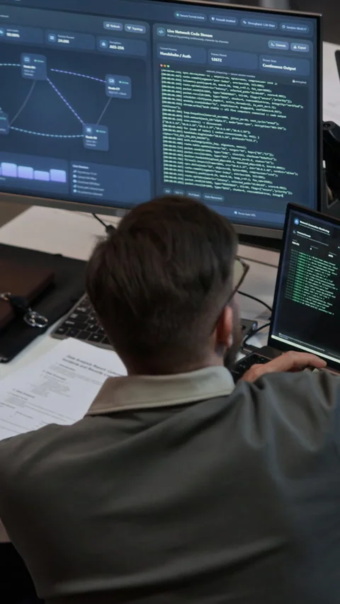 Network Administrators Sitting at Desk with Computers, Analyzing Data and Codes Stock Footage 334929183