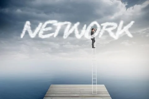 Network against cloudy sky over ocean Illustrazione stock