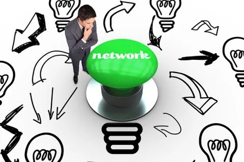 Network against digitally generated green push button Stock Illustration