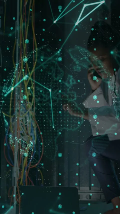 Network alert sounding IT tech routing cables testing links speaking on headset Stock Footage 332775594