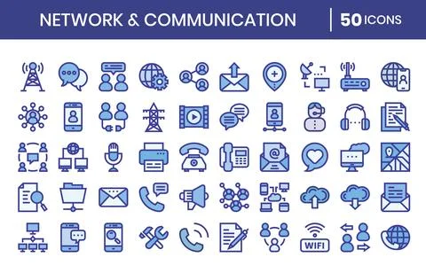 Network And Communication Blue color Icons Set. Stock Illustration