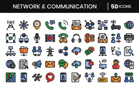 Network And Communication Filled outline Icons Set. Stock Illustration