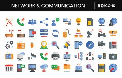 Network And Communication Flat Icons Set.Vector illustration. Stock Illustration
