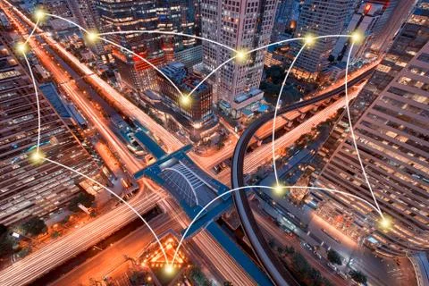 Network and Connection Technology Concept of Sathorn Intersection, BTS Chon.. Stock Photos