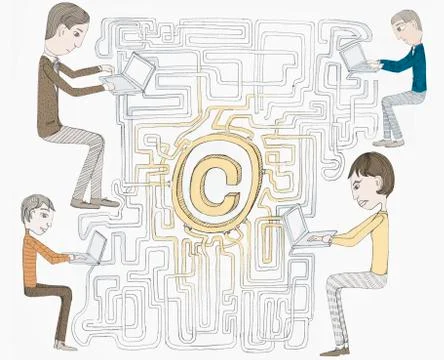 A network and copyright symbol between four people working on laptops Stock Illustration