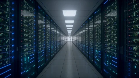 Network and data powerful servers behind glass panels in a server room of a data Stock Footage 129450766