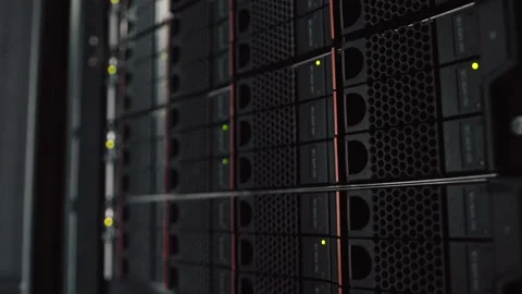 Network and data servers and panels in a server room of a data center or Stockbeeldmateriaal 149785288