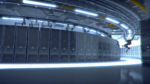 Network and data servers behind glass panels in a server room of a data center Stock Footage 113145534