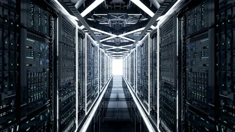 Network and data servers behind glass panels in a server room, Vídeo Stock 125802159