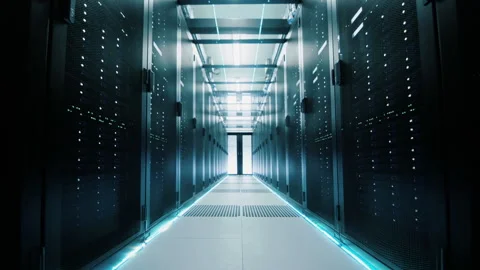 Network and data servers behind glass panels in a server room of a data center Stock Footage 137979686