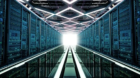 Network and Data servers behind glass panels in a Modern Server room Vídeo Stock 138538736