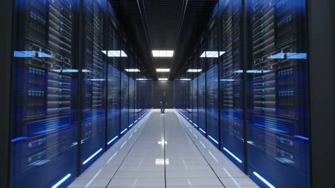 Network and data servers behind glass panels in a server room Stock Footage 219001232