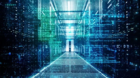 Network and data servers behind glass panels in a server room Stock Footage 276096447