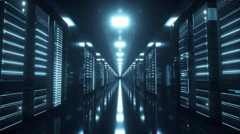 Network and data servers behind glass panels in a server room. 3d illustration Stock Illustration